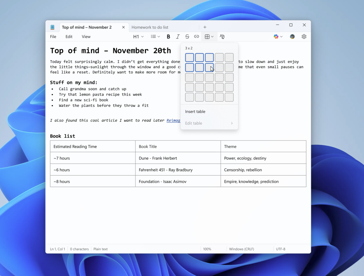 Windows 11 Notepad is getting Tables, streaming AI results