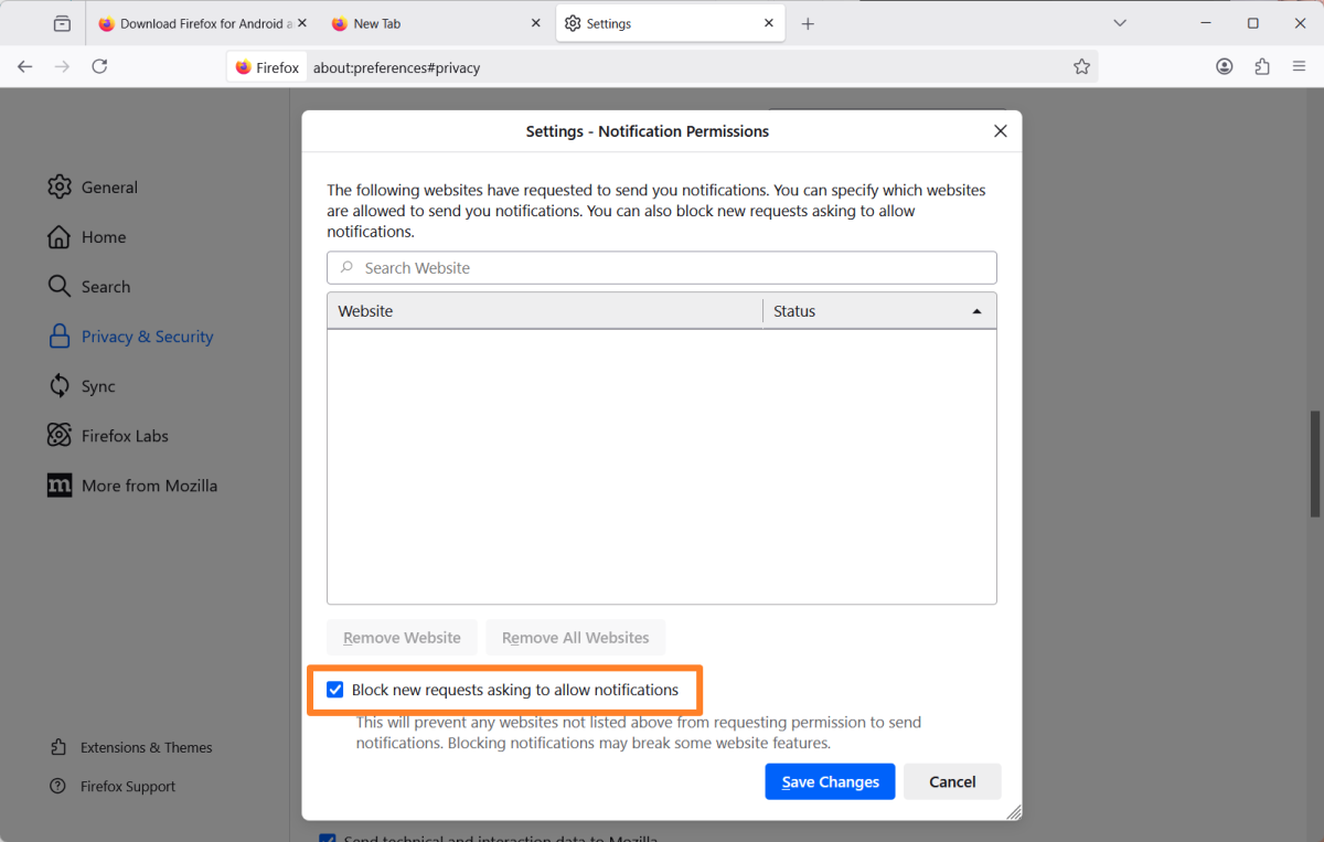 Disable notifications in Mozilla Firefox
