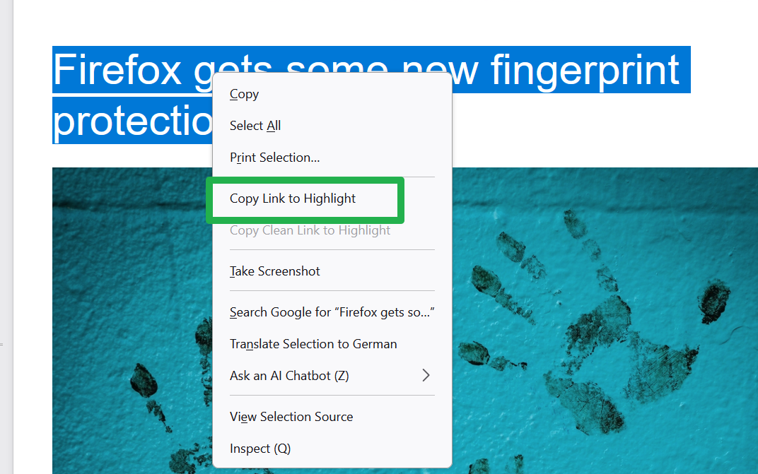 Firefox Copy Link to Highlight