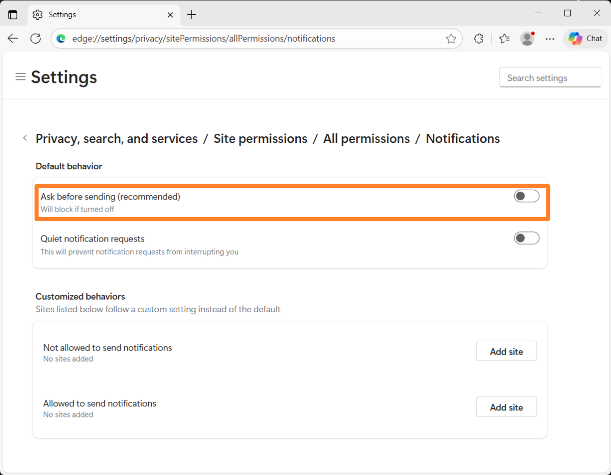 Disable notifications in Microsoft Edge