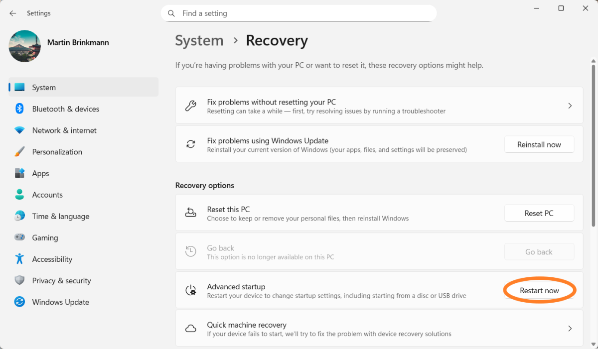 Advanced Startup to get into BIOS / UEFI
